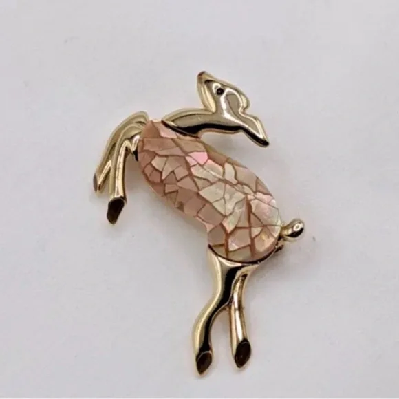 Liz Claiborne Christmas Brooch Pin Vintage Deer Rudolf MOP Crackle Estate - Picture 5 of 7